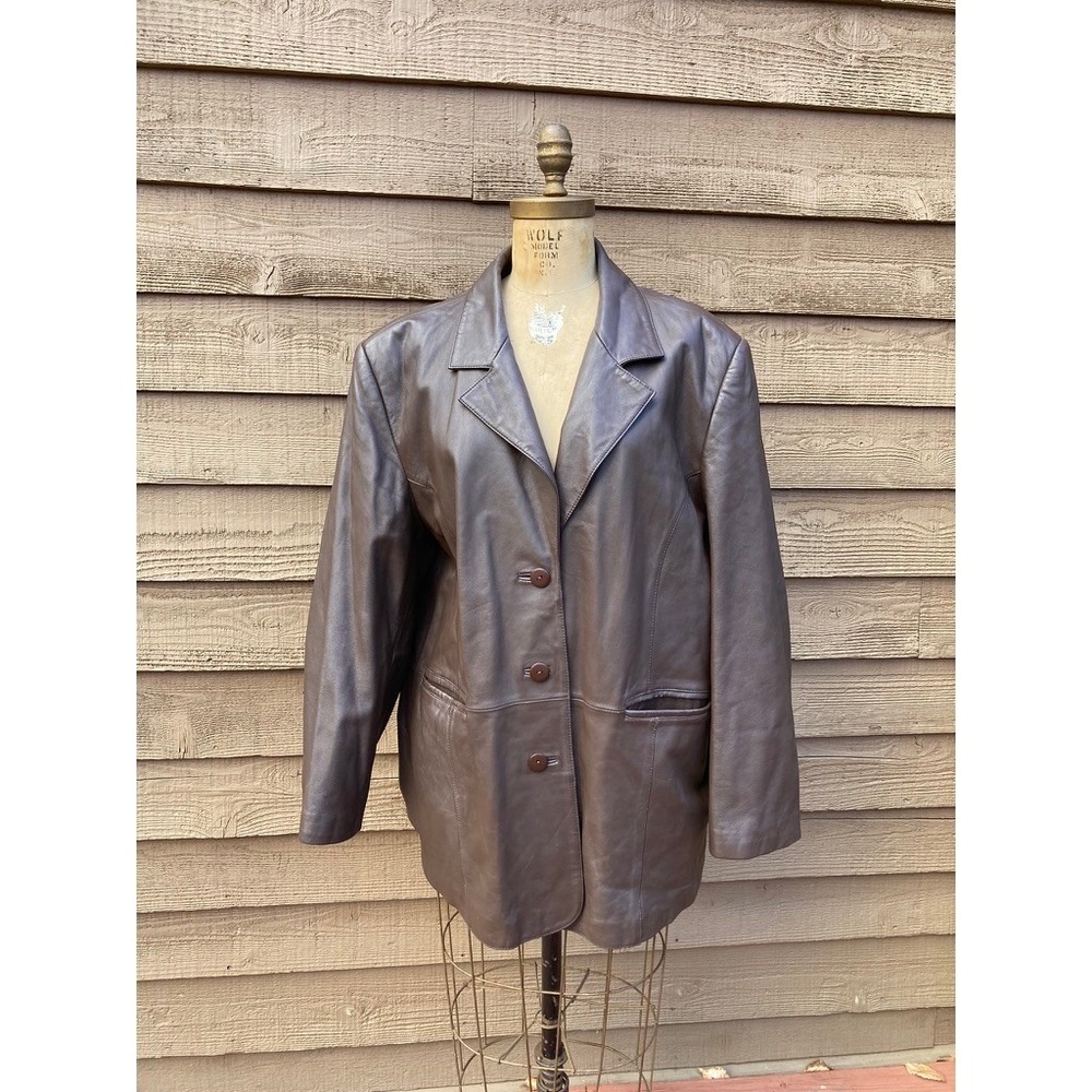 Pamela McCoy Collections Brown Genuine Leather Blazer Jacket 3 Button Lined